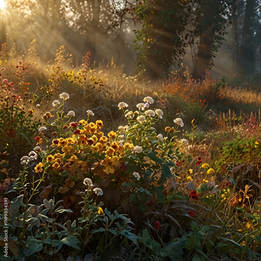 Fototapeta premium Sunlight filters through trees illuminating vibrant wildflowers in a serene meadow at dawn. Generative AI