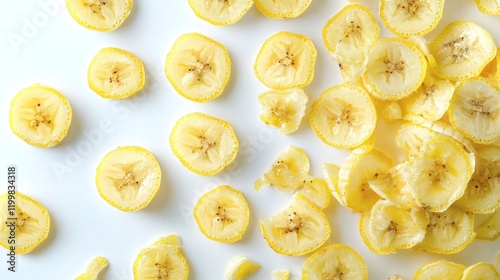 Isolated of a sliced banana with clean even cuts and scattered pieces displayed on white Stock Photo with side copy space photo