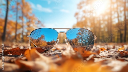 Stylish sunglasses placed on autumn leaves, reflecting a picturesque autumn forest under a clear blue sky, evoking a sense of tranquility and calmness. photo