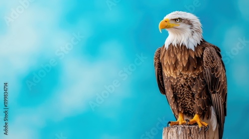 A vigilant bald eagle perches with intent on a wooden post as it scans the horizon against a serene blue background, symbolizing freedom and watchful guardianship. photo