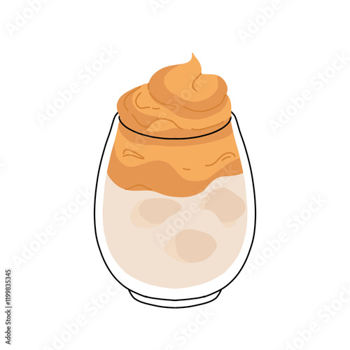 Dalgona Coffee Minimalist Vector Illustration. Glass of trending Korean whipped latte in muted pastel colors palette isolated on white background