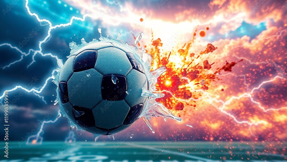 Fototapeta premium Flying soccer ball with cosmic storm, lightning, fire and ice, dramatic sky and dark football stadium background. Generative AI