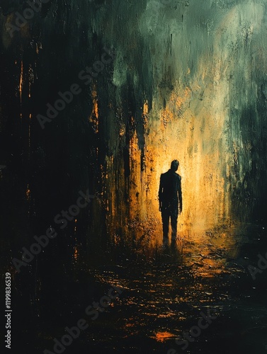 Wallpaper Mural A lone figure silhouetted against a dimly lit backdrop evokes mystery and introspection. Ideal for book covers, album art, or thought-provoking posters. Torontodigital.ca