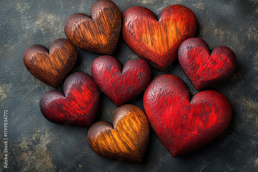 Fototapeta premium Colorful wooden hearts arranged in a decorative pattern on a textured surface