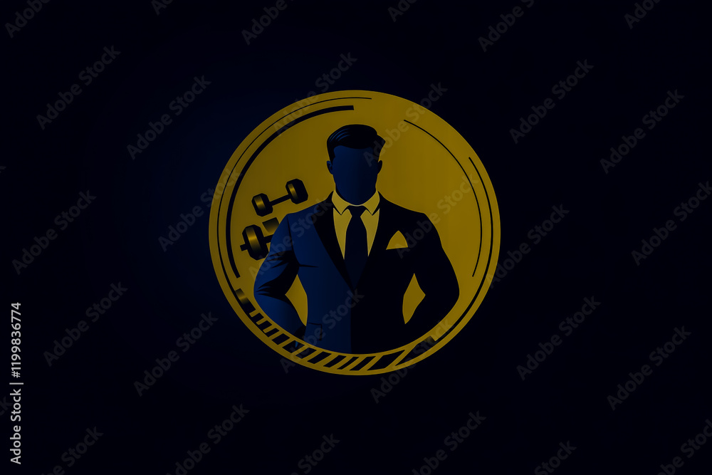 Logo, a vector graphic of a man in a suit inside a gold and blue circular badge with dumbbells on the left side of the emblem Logo, a vector graphic of a man in a suit inside a gold and blue circular badge with dumbbells on the left side of the emblem