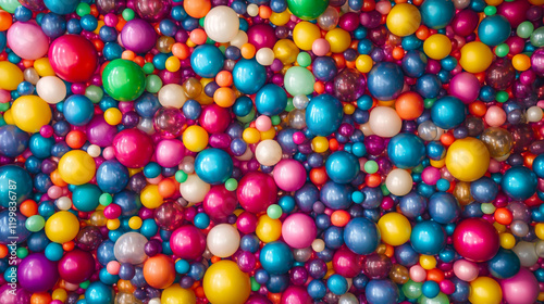 A vivid display of hundreds of vibrant, colorful balloons covering the ceiling, creating a festive and cheerful atmosphere. photo