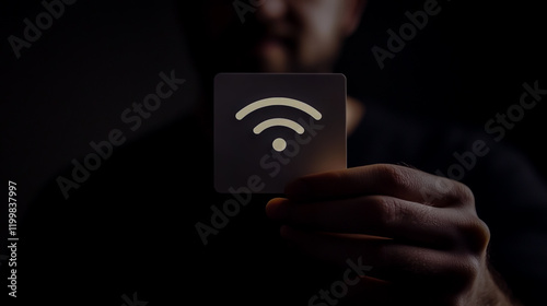 Man holding a white wireless network icon on a black background, no people, close-up
