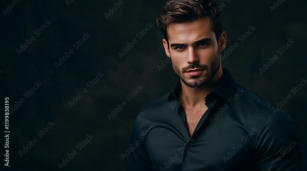 Fototapeta premium Styled Man in Dark Shirt with Beard & Lighting