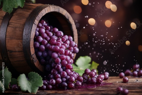 A traditional wine press in action, with rich purple grape juice flowing into a wooden barrel photo