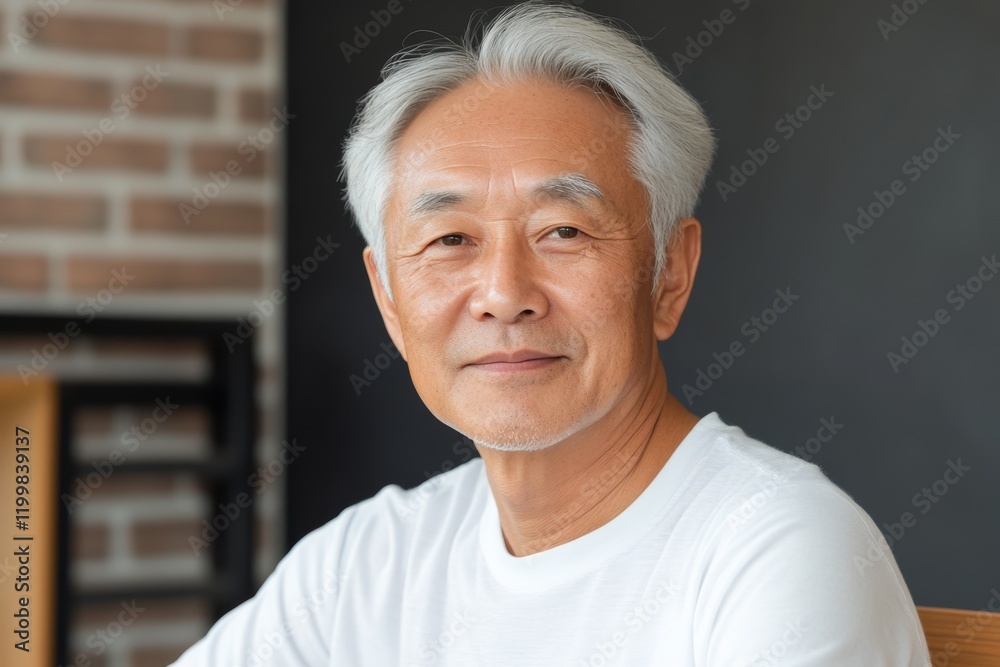 Elderly man with gray hair smiling warmly in a cozy indoor setting during daylight hours Elderly man with gray hair smiling warmly in a cozy indoor setting during daylight hours