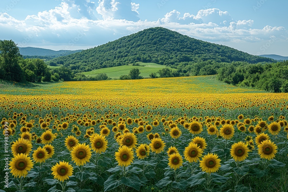 Fototapeta premium Sunflower field blooming under bright sky with rolling hills in the background