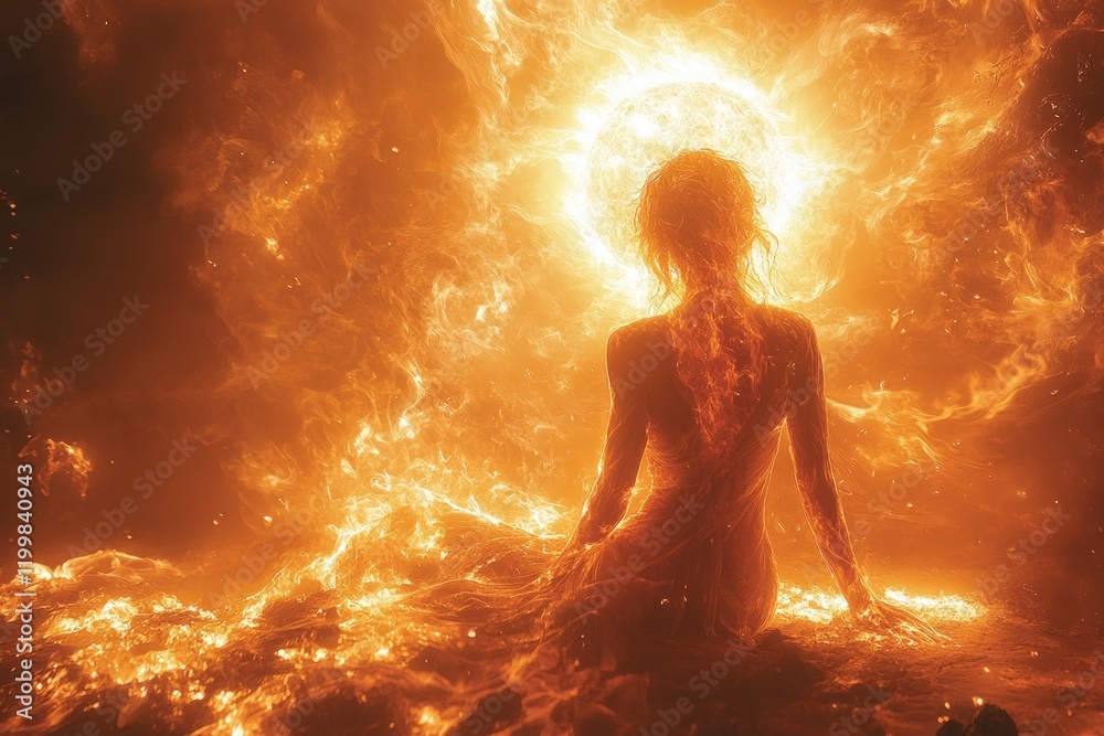 Fiery figure engulfed in blazing inferno. Fiery figure engulfed in blazing inferno.