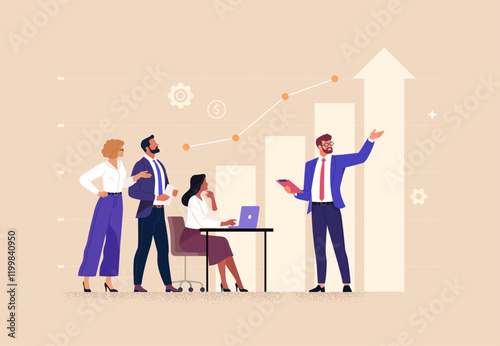 Business Planning Concept. Contemporary flat style vector illustration of a man in a business suit presenting a strategy to a group of colleagues with a growing graph in background.