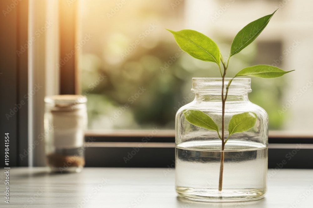 Fresh green plant in glass jar on table by window with sunlight illuminating the scene and a jar in the background Fresh green plant in glass jar on table by window with sunlight illuminating the scene and a jar in the background