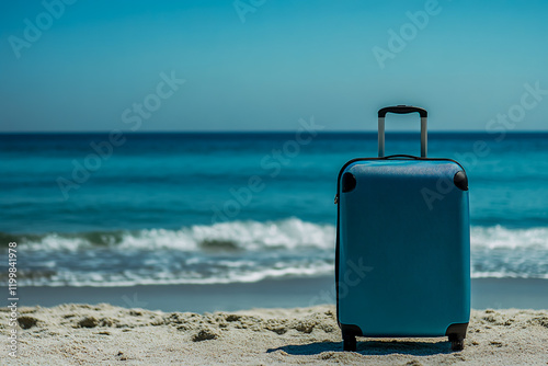 Photo of a blue suitcase on the beach with a sea view background, a concept with copy space