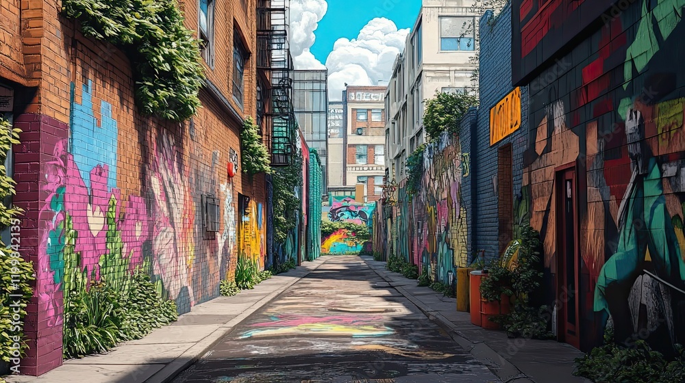 Fototapeta premium Vibrant Graffiti Alleyway Cityscape Urban Art Scene