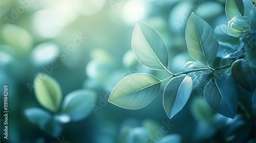 Serene Teal Leaves: Close-up view of vibrant teal leaves, bathed in soft, diffused sunlight, creating a tranquil and calming atmosphere.