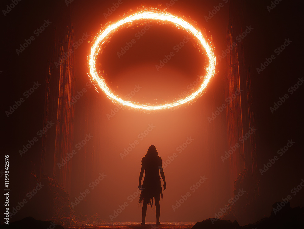 Fototapeta premium figure in dark clothing stands under glowing circular portal, evoking mystery and intrigue