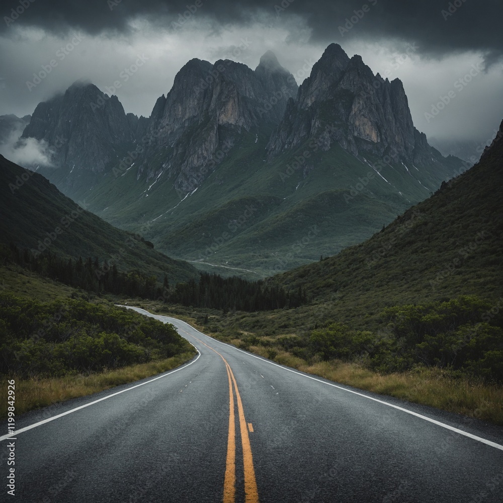 Naklejka premium This image captures an open road winding through rugged mountain terrain, flanked by towering peaks and steep cliffs.