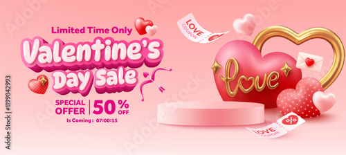 Vector of Romantic Valentine's Day Banner Template with Cute Heart,Love Coupons,Golden Heart,Pink Background and Special Offer Text for Romantic Valentine's Day Promotion and Holiday Shopping Event