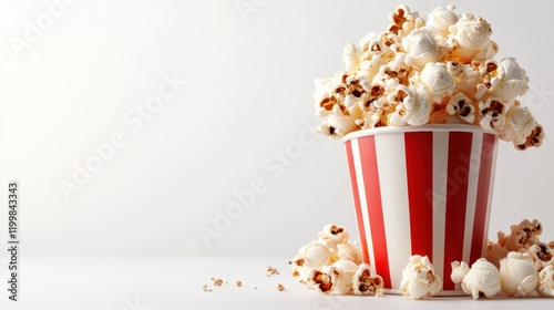 A bucket of popcorn with red and white stripes is overflowing with freshly popped kernels, symbolizing cinema enjoyment, placed on a light background. photo