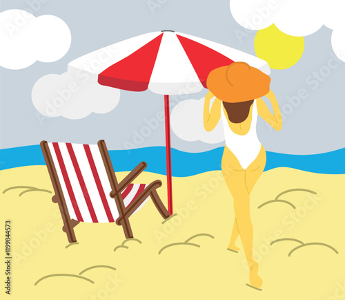 girl in swimsuit and hat at sea, sun lounger and umbrella, sunny weather