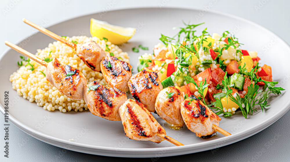 Grilled chicken skewers kitchen food modern close-up health Grilled chicken skewers kitchen food modern close-up health