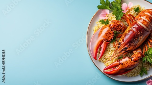 A bright orange lobster is beautifully placed on a plate filled with fluffy couscous, set against a striking blue background, symbolizing freshness and taste. photo