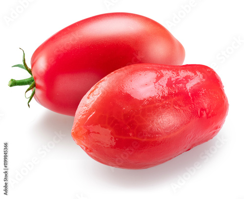 Red ripe Roma tomato and peeled Roma tomato isolated on white background.