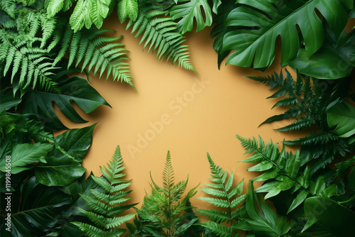 Tropical Leaf Frame: Vibrant green leaves of various tropical plants, including ferns and monsteras, arranged in a lush and inviting frame around a warm, ochre background.