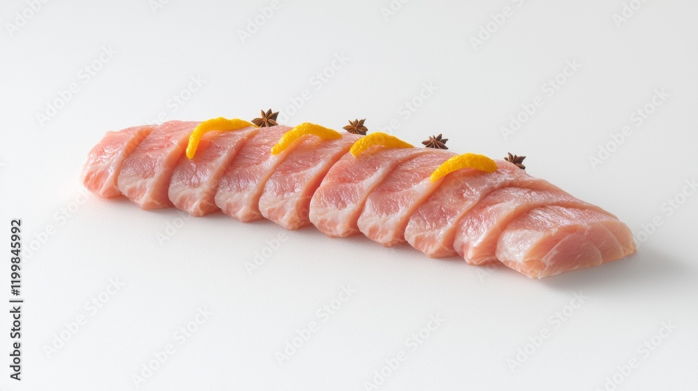 Freshly sliced pork tenderloin garnished with yellow citrus zest and star anise on a clean white surface Freshly sliced pork tenderloin garnished with yellow citrus zest and star anise on a clean white surface