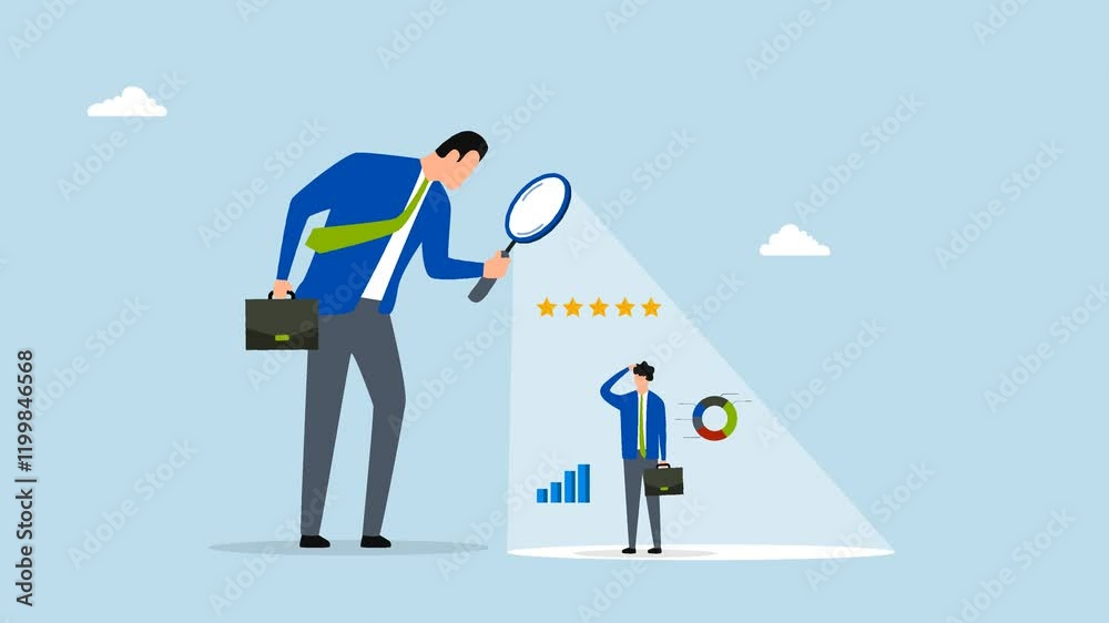 Employee performance evaluation, 4k animation of business executive director employs magnifier to assess staff with 5 star rating. 