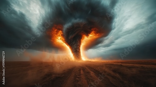 A towering firestorm tornado dominates the open grassland, its fiery core casting an eerie glow amidst darkened clouds, presenting a surreal sight. photo