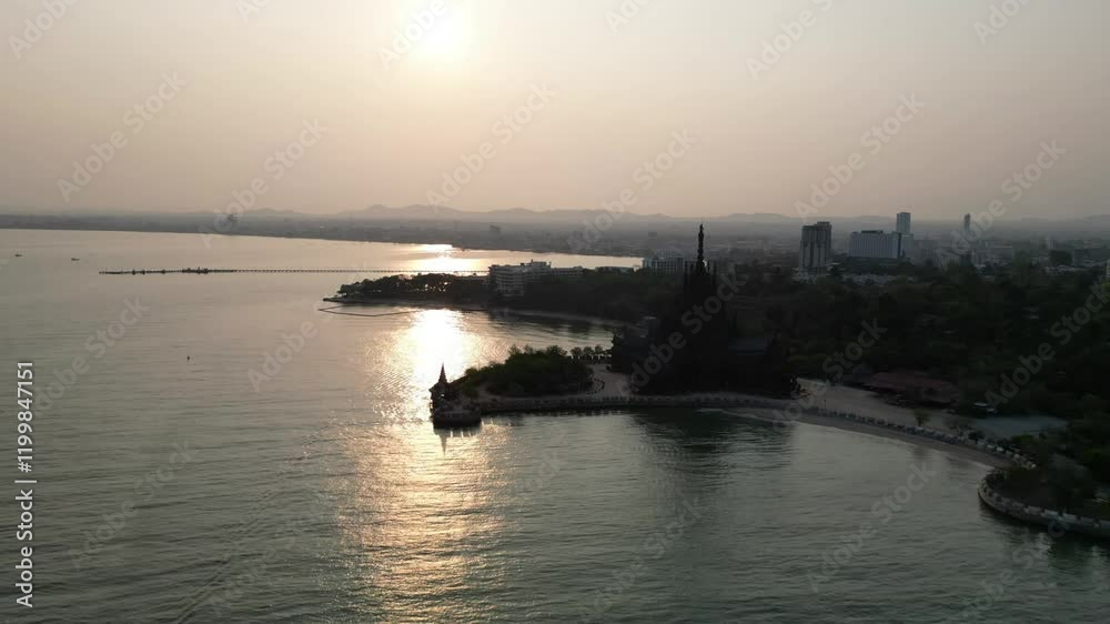 Hyperlapse drone shot of the Sanctuary of Truth museum on the coast of Pattaya, Thailand, at sunset Hyperlapse drone shot of the Sanctuary of Truth museum on the coast of Pattaya, Thailand, at sunset