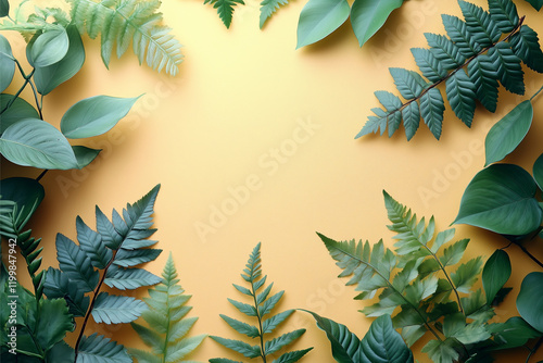 Green Leaf Frame: A vibrant collection of lush green leaves arranged in a circular frame, creating a natural and refreshing border around a blank space, perfect for adding your own message or design.