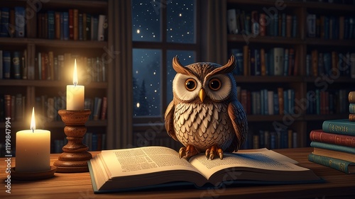 A whimsical 3D cartoon owl with glasses indulges in a book, surrounded by vibrant library shelves, creating a playful atmosphere ideal for children's stories and learning resources. photo