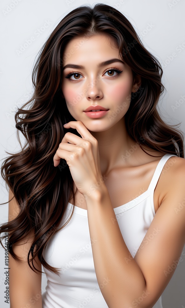 Stunning Young Woman with Long Brunette Wavy Hair Beautiful Makeup and White Tank Top Stunning Young Woman with Long Brunette Wavy Hair Beautiful Makeup and White Tank Top
