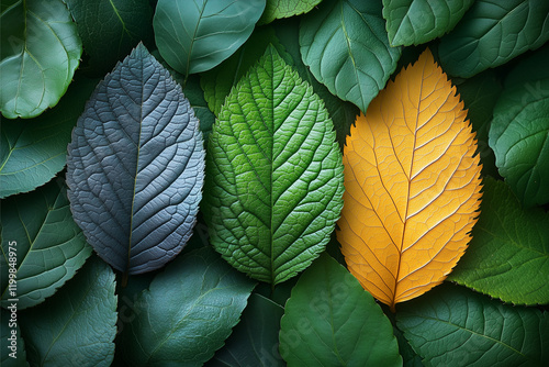 Three Stages of Leaf: A close-up shot showcasing three leaves representing the cycle of life – gray, green, and yellow – nestled amongst a bed of lush green foliage.