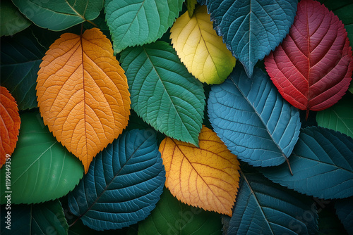 Autumnal Leaf Symphony:  Vibrant hues of autumn, captured in a close-up of colorful leaves. Lush greens, fiery oranges, and deep reds create a captivating display of nature's beauty.  