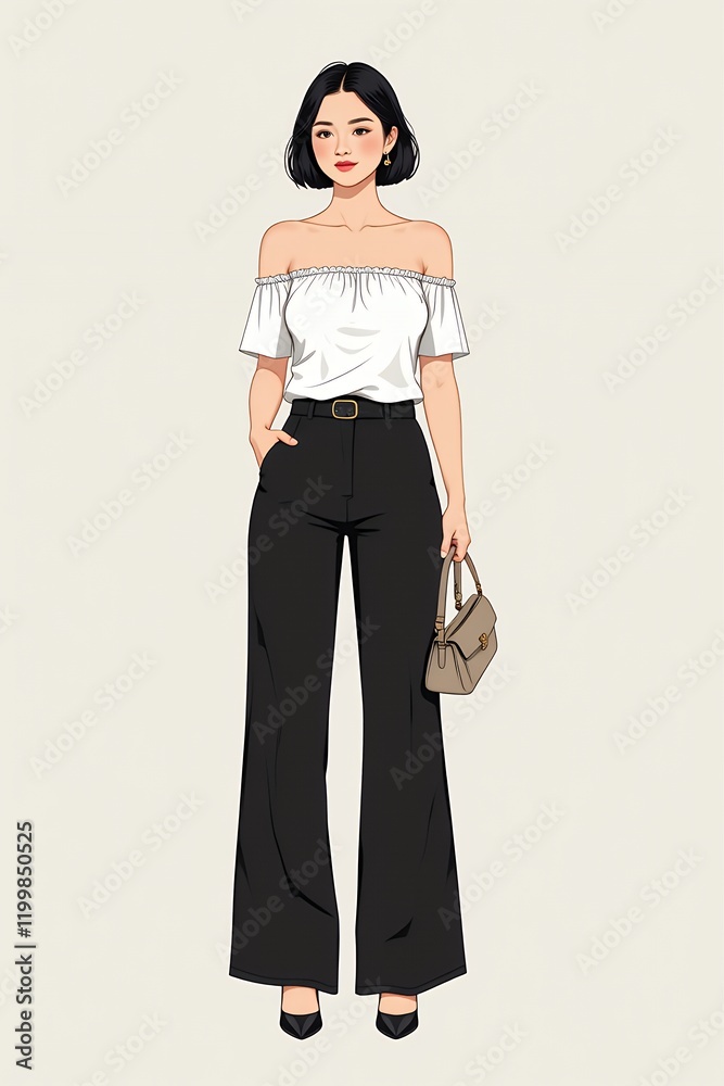 Stylish Asian Woman in Off Shoulder Top and Wide Leg Trousers Fashion Illustration Stylish Asian Woman in Off Shoulder Top and Wide Leg Trousers Fashion Illustration