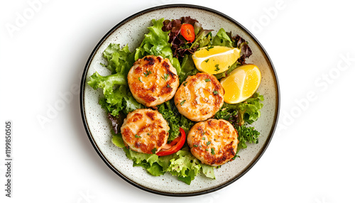 Wallpaper Mural Top view, isolated on white background, of a plate of crab cakes Torontodigital.ca