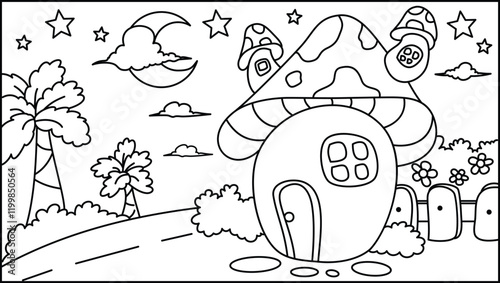Whimsical Mushroom House Coloring Page