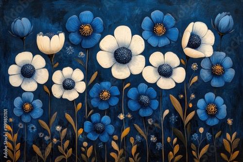 Vibrant blue and white flowers arranged in a decorative pattern on a dark background photo