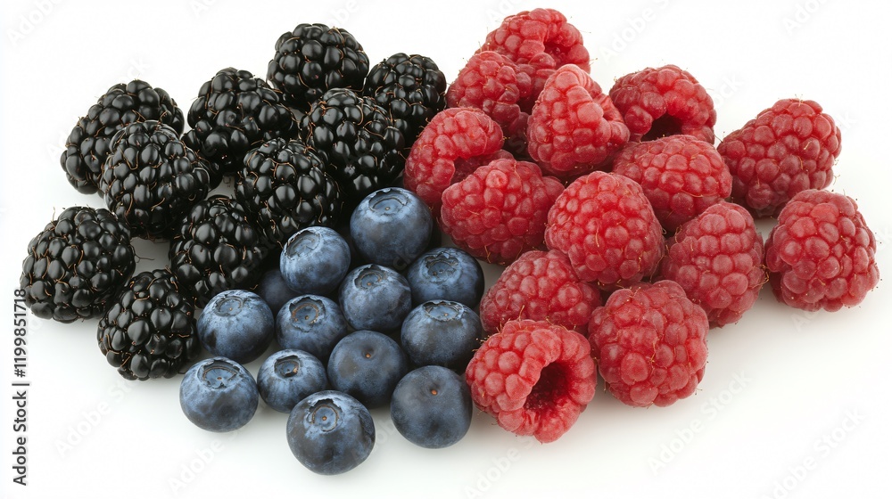 Flat-lay of mixed berries including blueberries, raspberries, and blackberries, on a white backdrop Flat-lay of mixed berries including blueberries, raspberries, and blackberries, on a white backdrop
