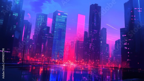 Neon Cityscape Reflecting in Still Water at Twilight