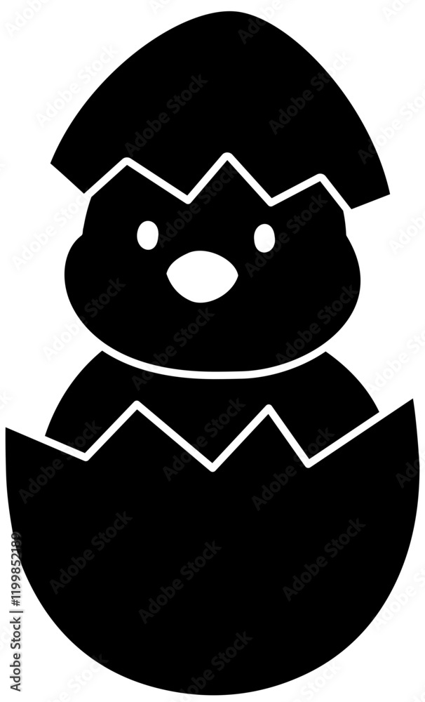 Obraz premium Cute eggshell chick silhouette. Chick in cracked egg silhouette. Newborn chick isolated. . Easter icon. Transparent background.
