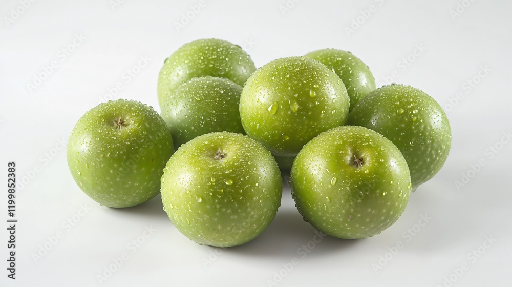 A group of fresh green apples with dewdrops on their skin, isolated on a clean white backdrop A group of fresh green apples with dewdrops on their skin, isolated on a clean white backdrop