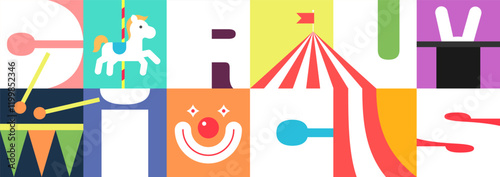 Vibrant circus banner with bold typography and colorful graphics. Festive carnival poster featuring marquee, tent, and playful elements perfect for events, shows, parades and amusement park promotions