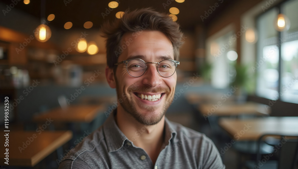 Fototapeta premium Portrait of a Smiling Man standing in a Stylish Coffee Shop Environment