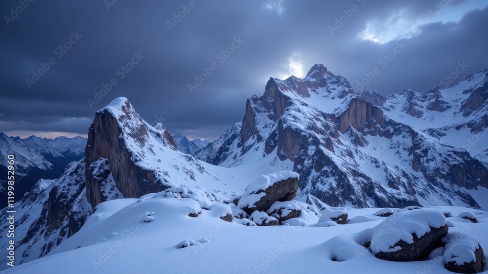 Obraz premium Snow-capped mountains against a deep blue sky dotted with dark gray clouds. Sunlight pierces through, illuminating the peaks in radiant white